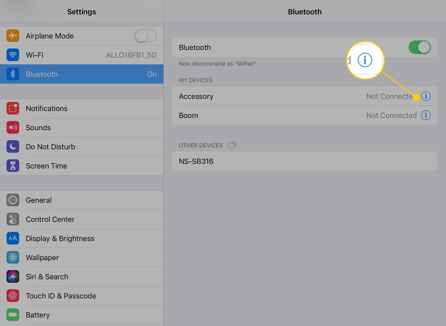 Apple iPad settings interface displaying the Bluetooth options with the information icon emphasized., Picture