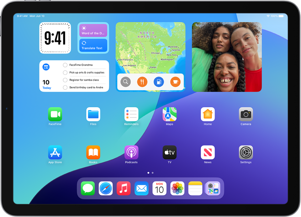 The iPad Home Screen with several app icons, including the Settings app icon, which you can tap to change your iPad sound volume, screen brightness, and more., Picture