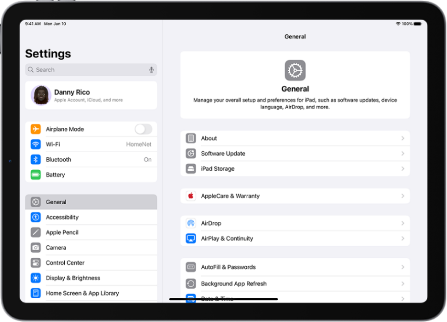 The iPad Home Screen with several app icons, including the Settings app icon, which you can tap to change your iPad sound volume, screen brightness, and more., Picture
