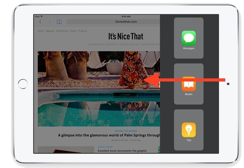 Apple iPad interface with full screen app open and left swipe indicator for the slide over feature, Picture