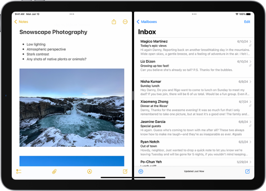 Apple iPad interface displaying split screen in use, Picture
